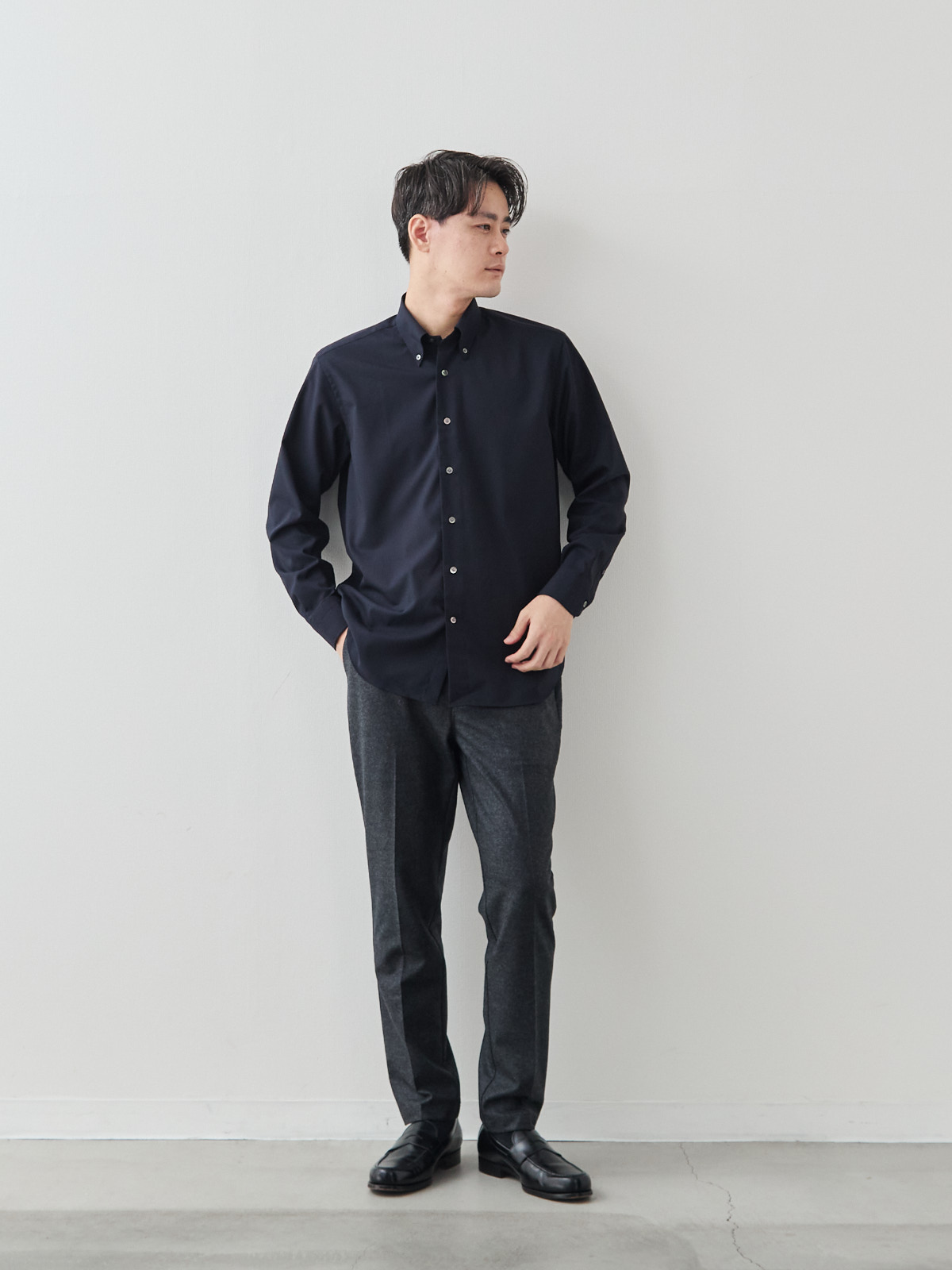 Merino Air HITOYOSHIシャツ/ウォッシャブル/ダークネイビー モデル 181cm 71kg サイズ L