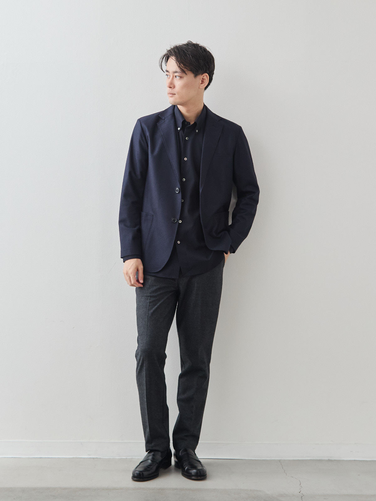 Merino Air HITOYOSHIシャツ/ウォッシャブル/ダークネイビー モデル 181cm 71kg サイズ L