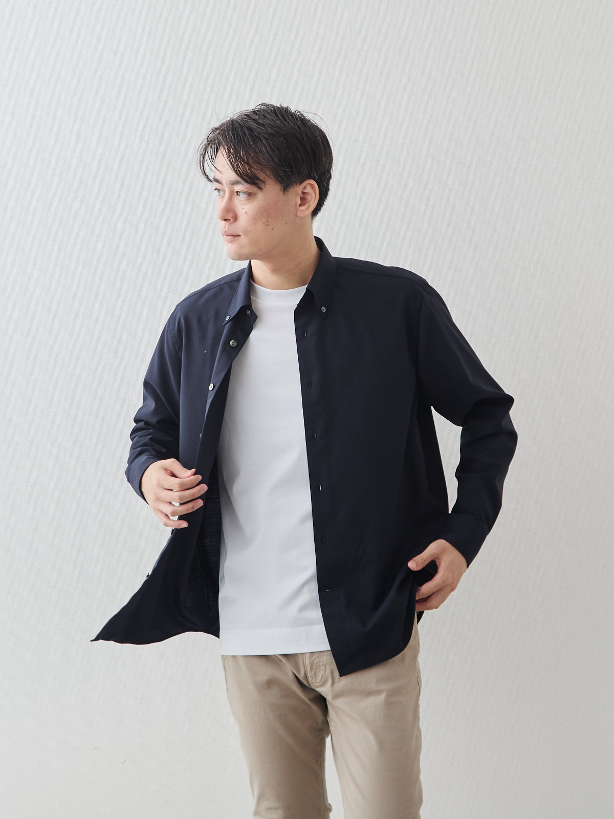 Merino Air HITOYOSHIシャツ/ウォッシャブル/ダークネイビー モデル 181cm 71kg サイズ L