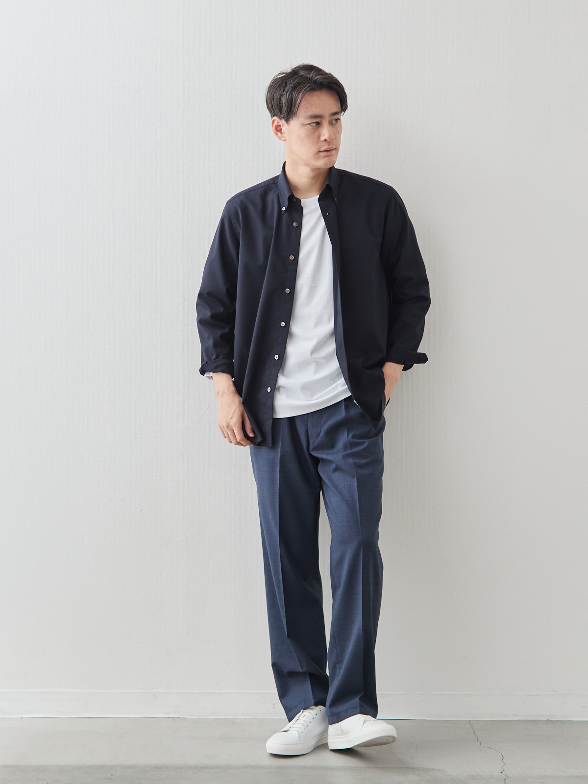 Merino Air HITOYOSHIシャツ/ウォッシャブル/ダークネイビー モデル 181cm 71kg サイズ L