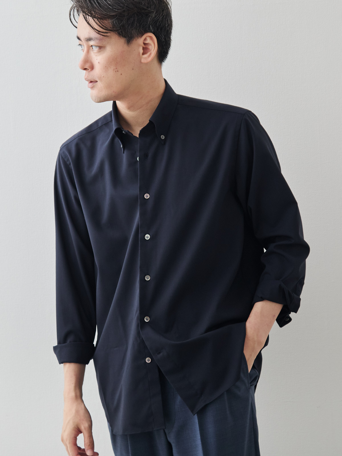 Merino Air HITOYOSHIシャツ/ウォッシャブル/ダークネイビー モデル 181cm 71kg サイズ L