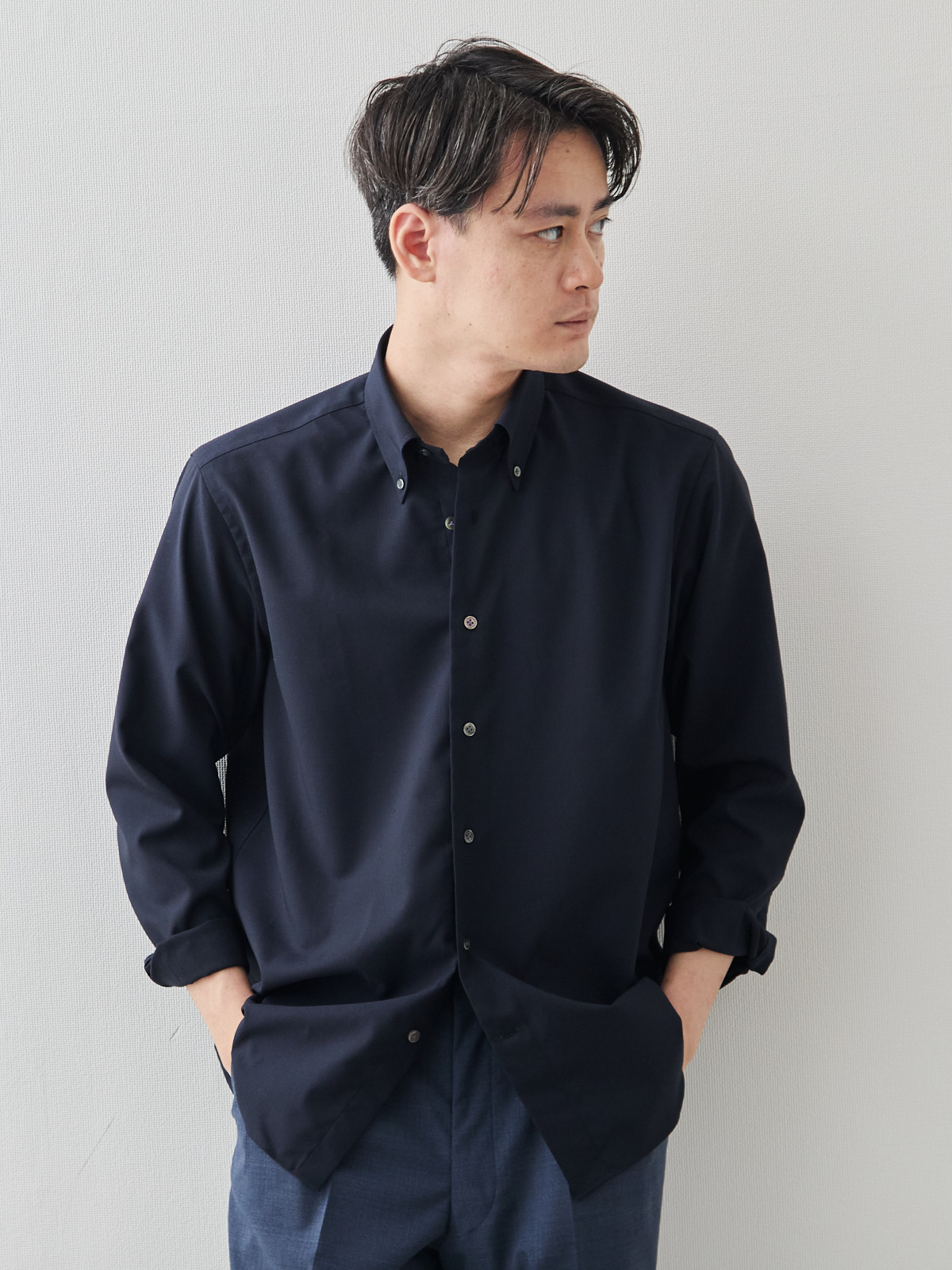 Merino Air HITOYOSHIシャツ/ウォッシャブル/ダークネイビー モデル 181cm 71kg サイズ L