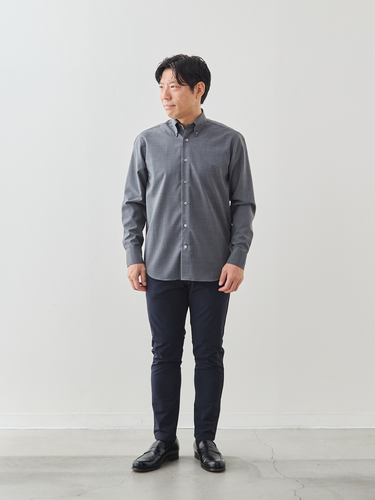 Merino Air HITOYOSHIシャツ/ウォッシャブル/ダークネイビー モデル 171cm 70kg サイズ M