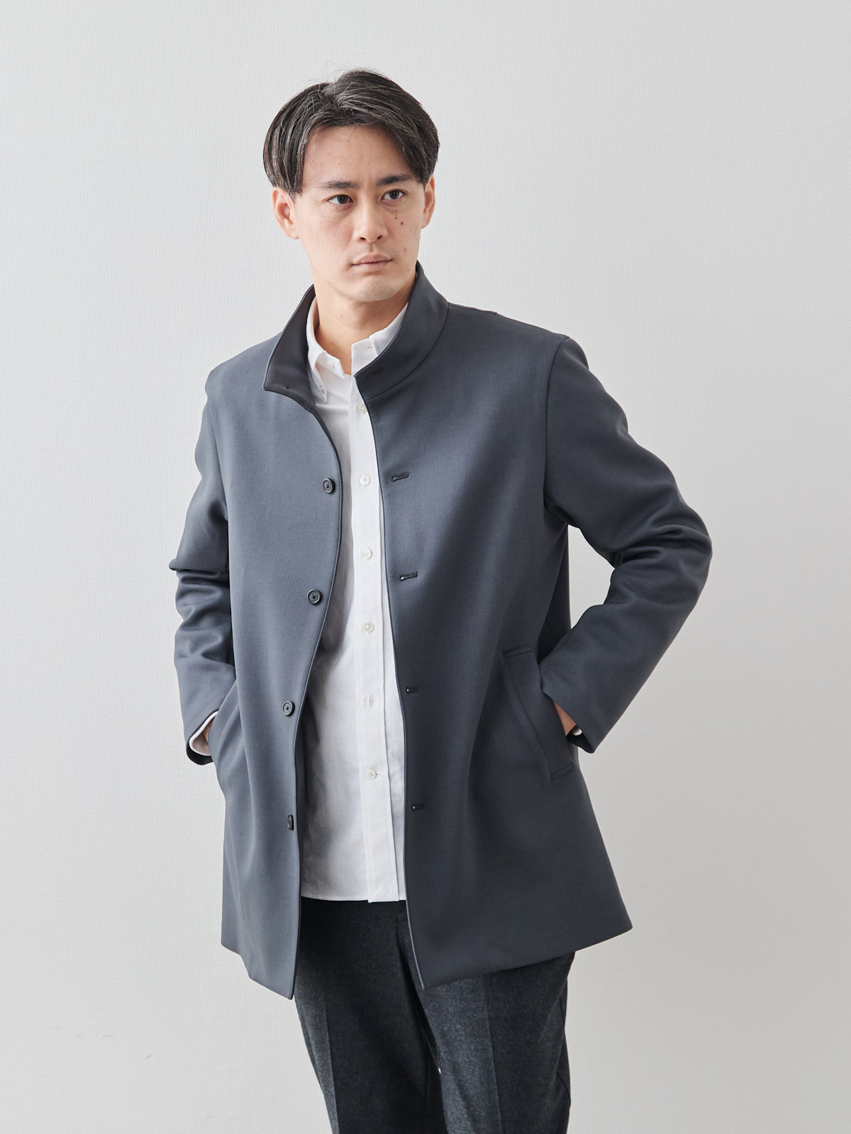 ニュークラシック スタンドカラーコート/3 season/グレー
