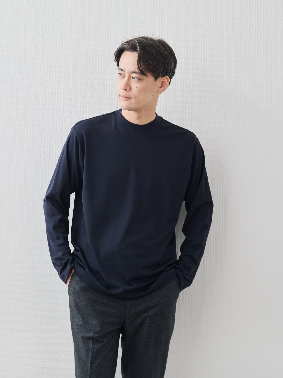 洗えるウールジャージーモックネック/バランサーキュラー/ネイビー