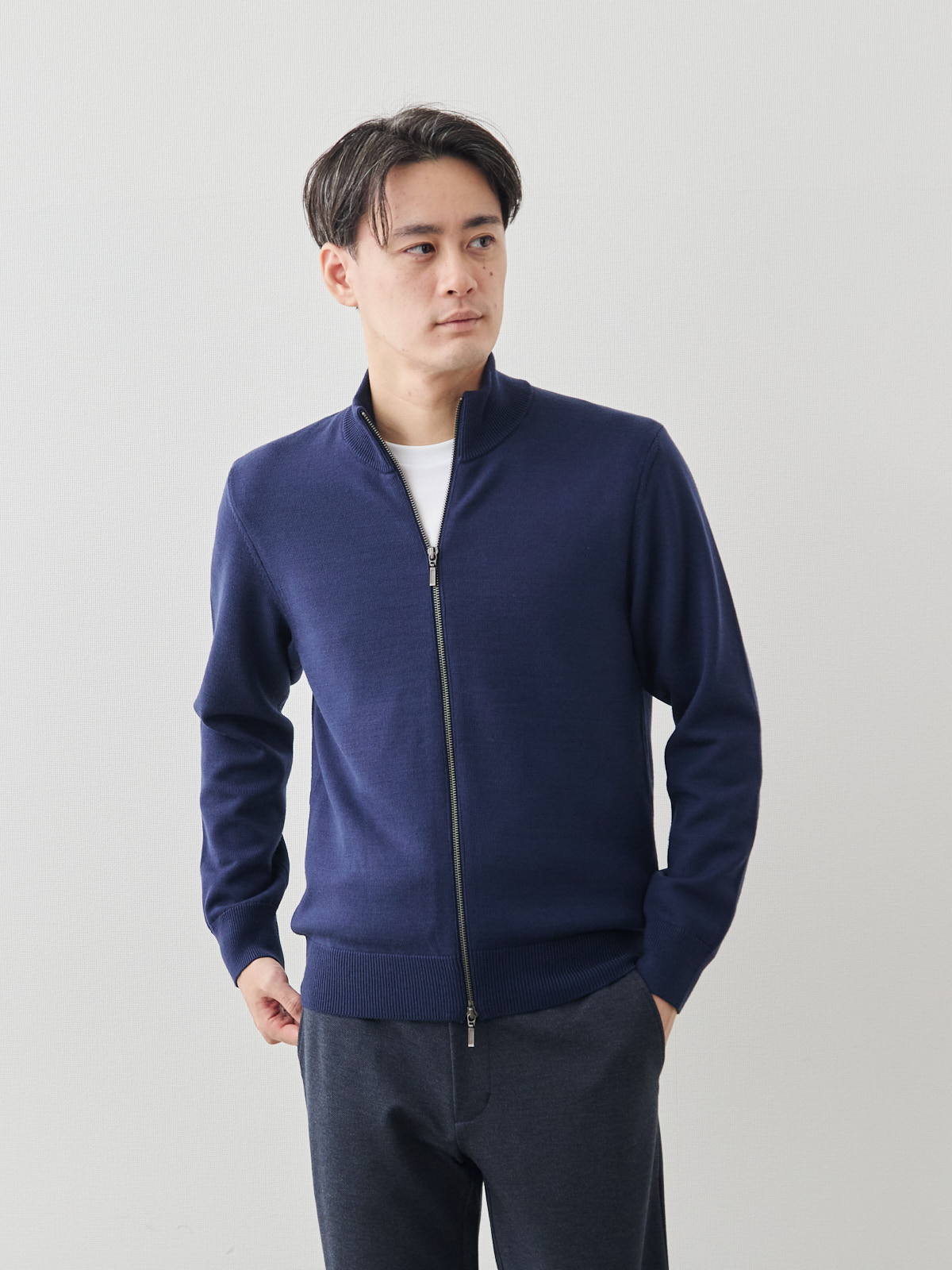 Pure Merino スムースウールニットブルゾン/ベーシック/ネイビーブルー