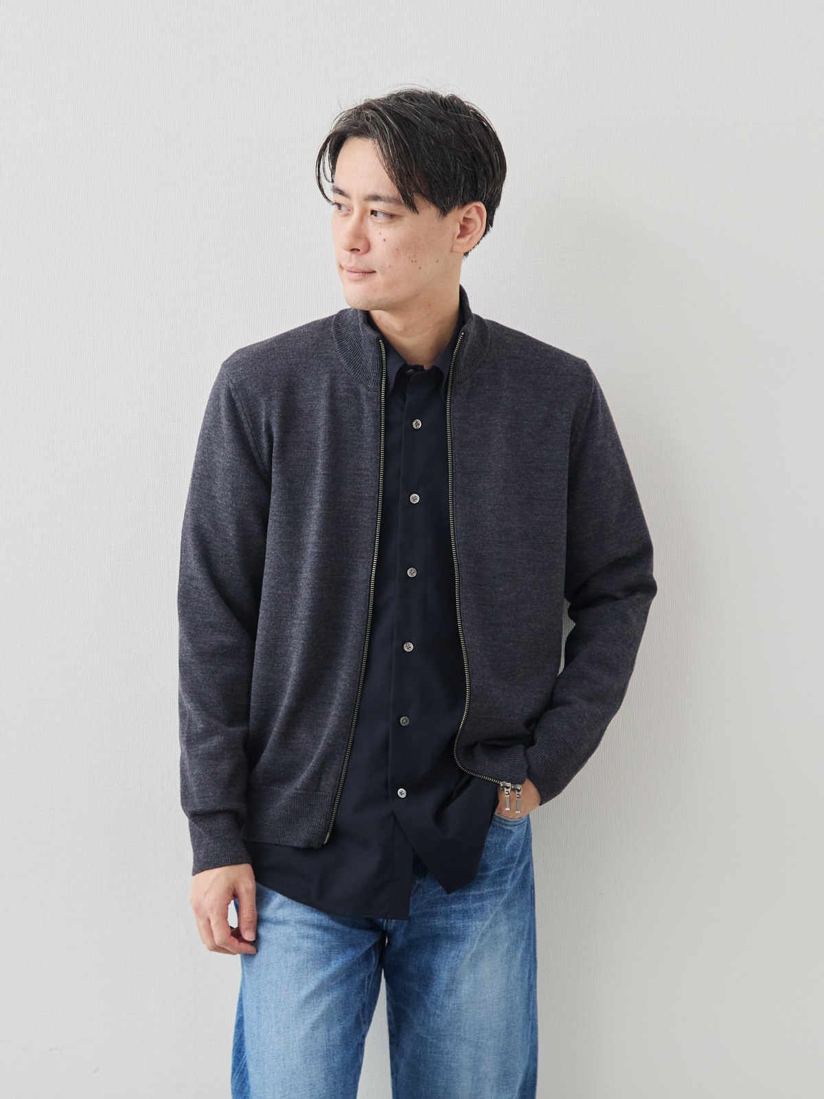 Pure Merino スムースウールニットブルゾン/ベーシック/グレー