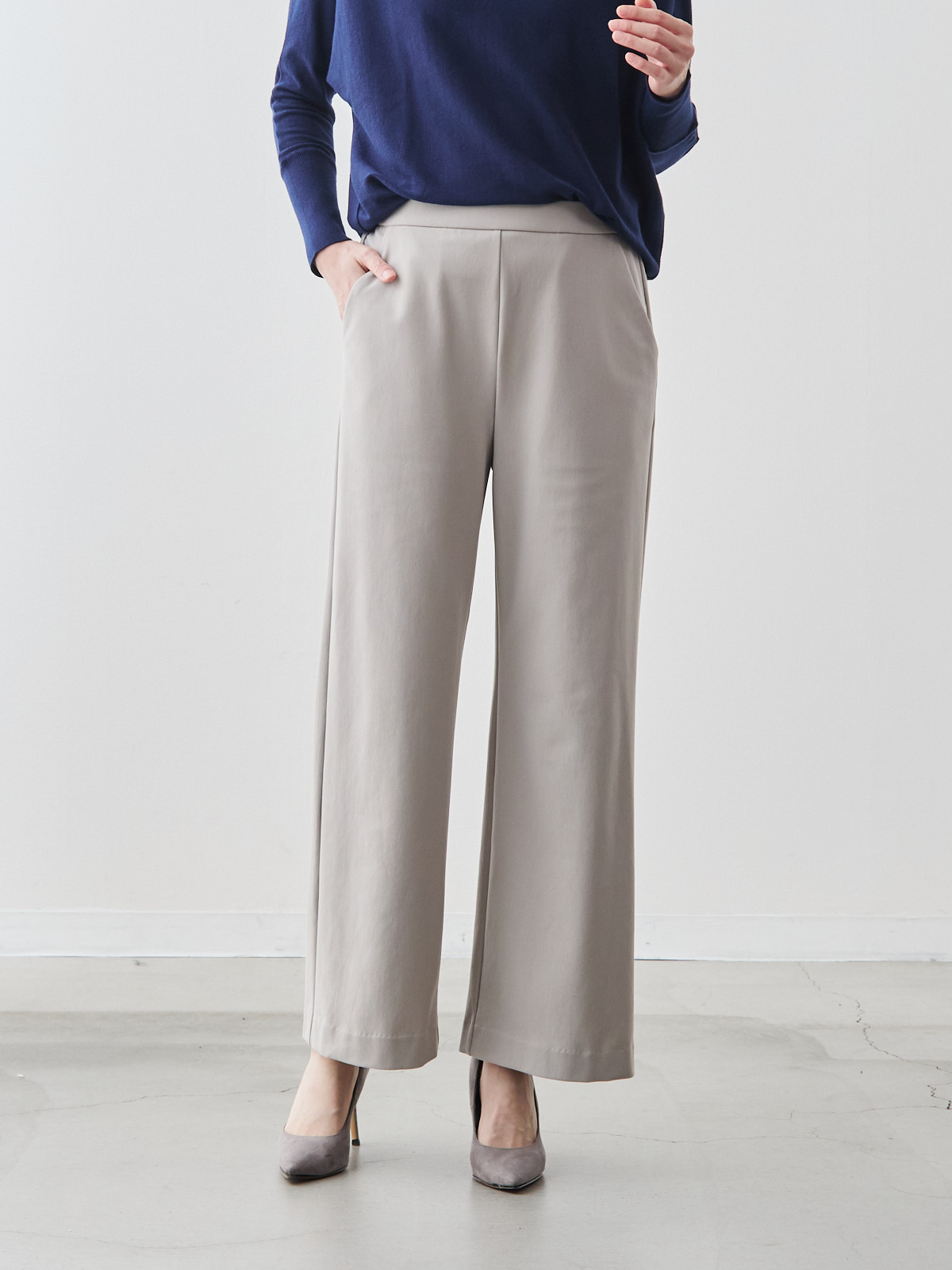 360°ストレッチの裏起毛セミワイドパンツ/ウールライク/グレージュ