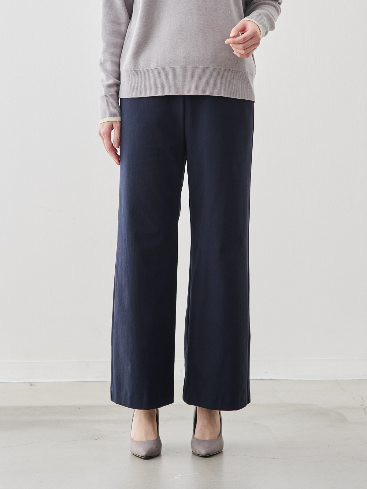 360°ストレッチの裏起毛セミワイドパンツ/ウールライク/ネイビー