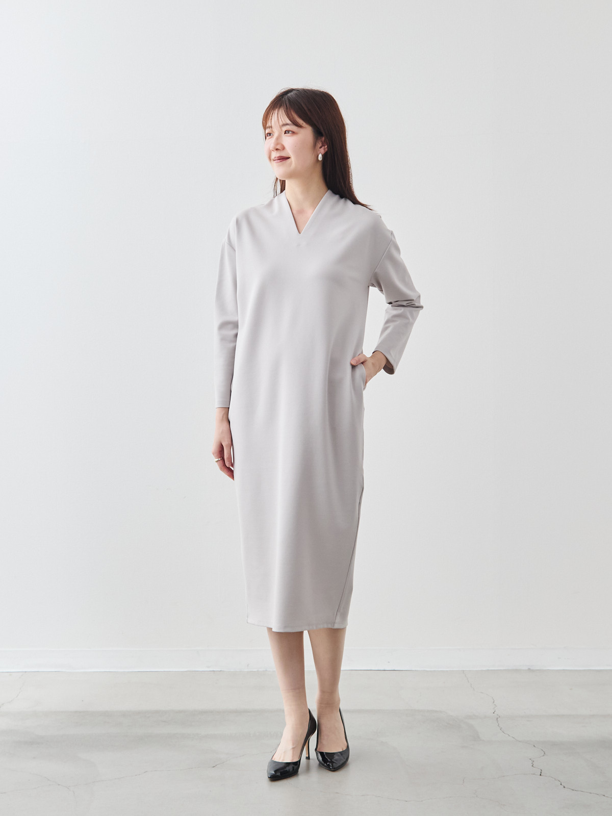コクーン美ライン・ハイストレッチワンピース/グレージュ