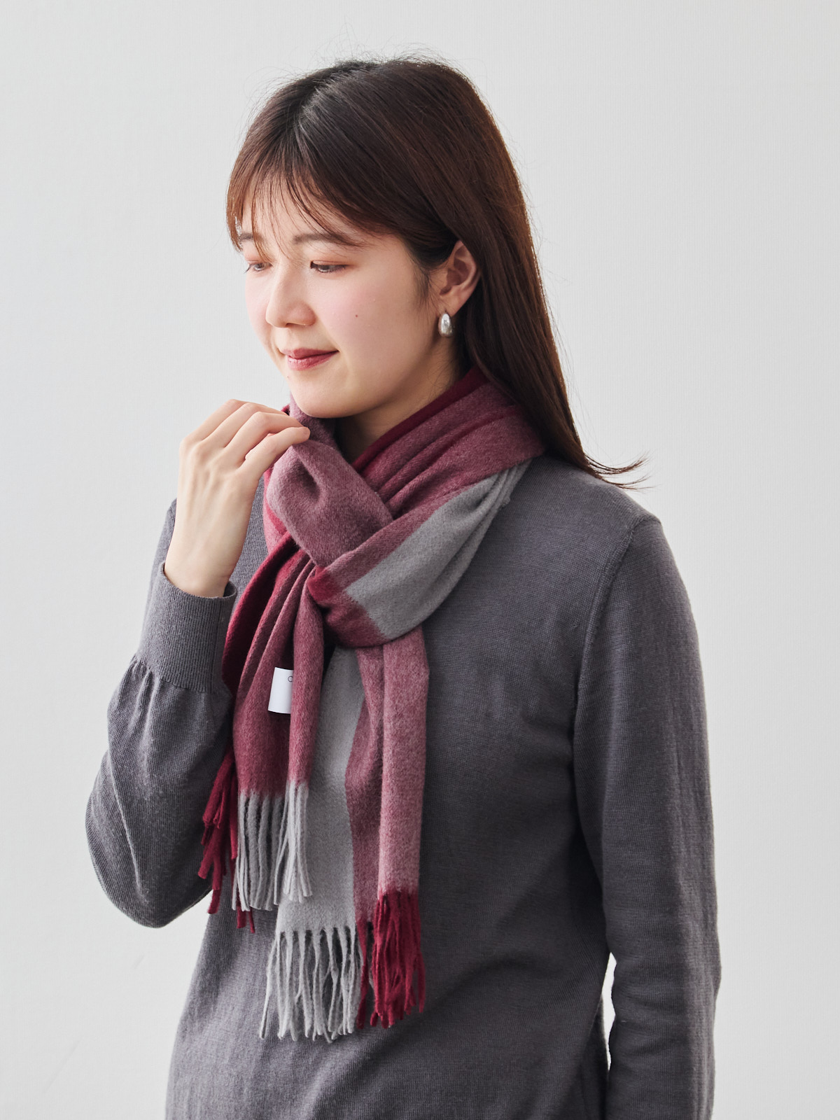 Melty Cashmere 100% ウェーブマフラー/ブロックチェック/ボルドー
