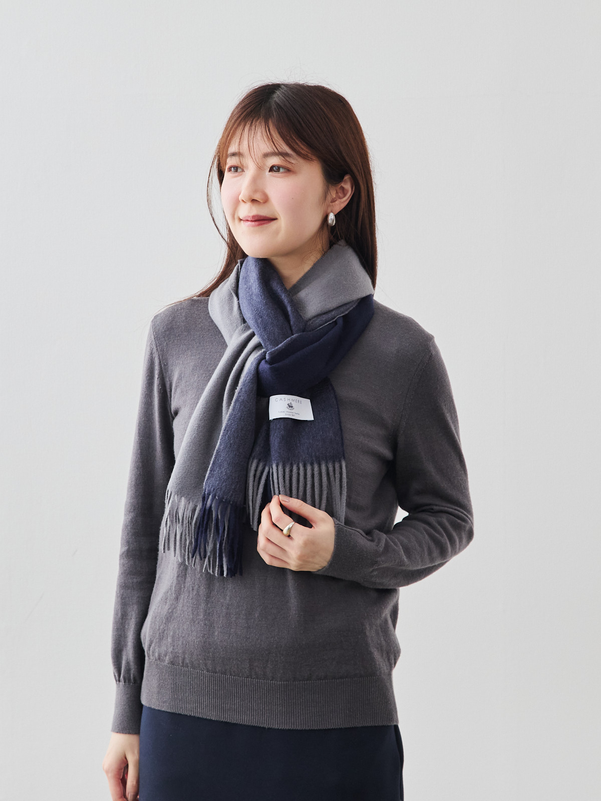 Melty Cashmere 100% ウェーブマフラー/ブロックチェック/ネイビー